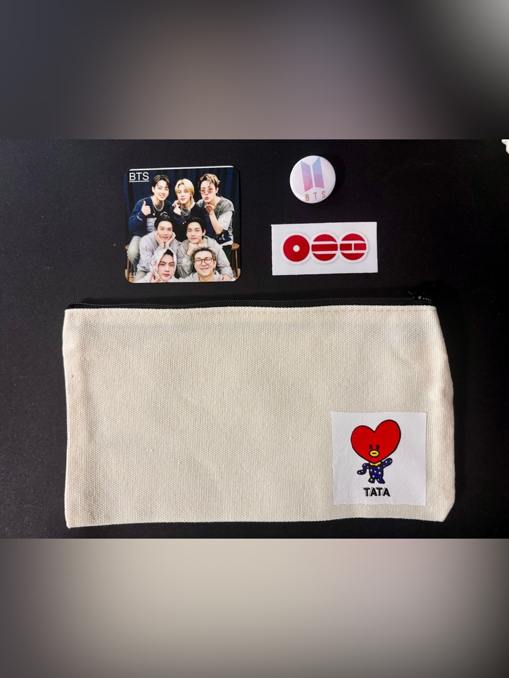 Tata Canvas Cosmetic Pouch with Arirang Sticker Decal, BTS pin and BTS Magnet